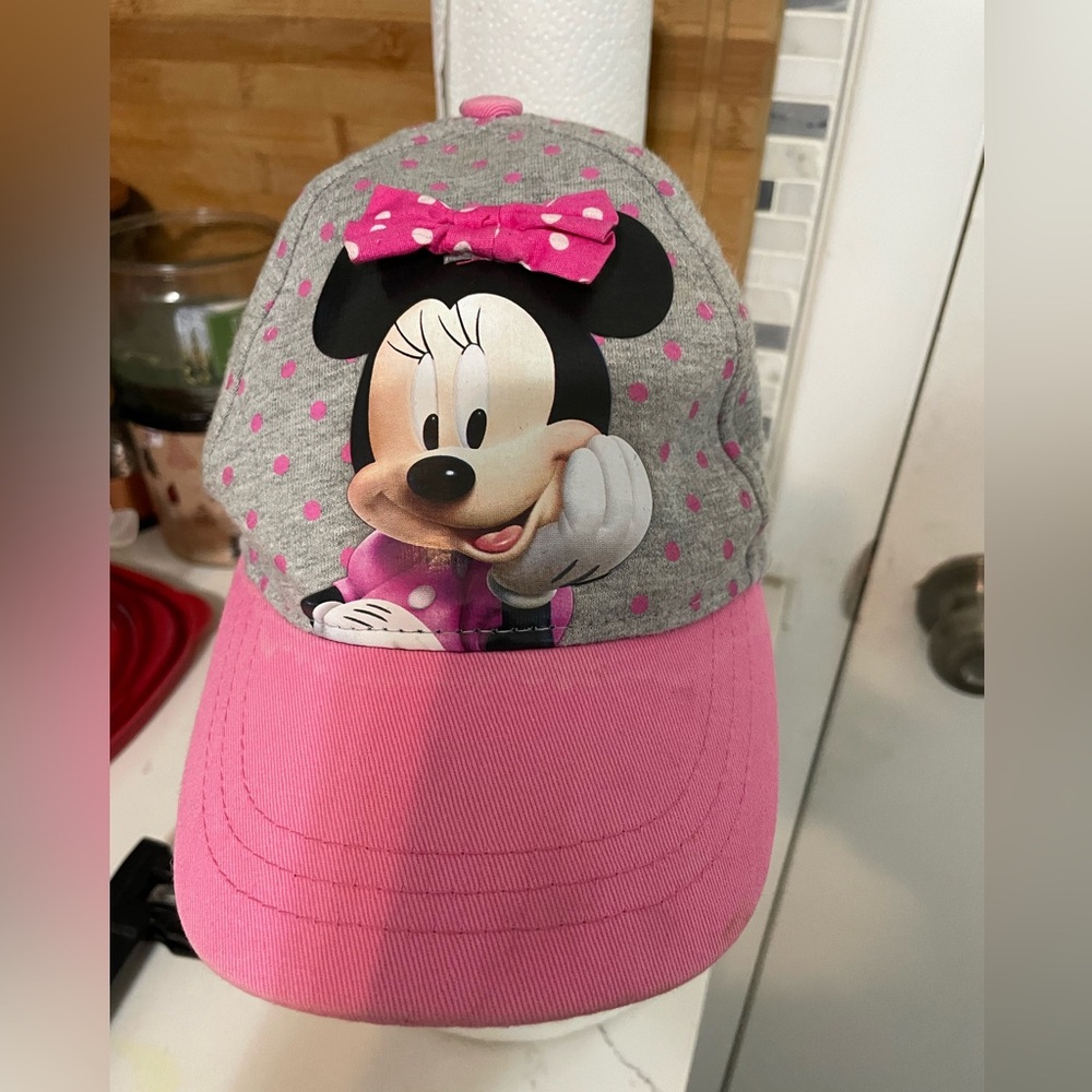 Disney girl’s adjustable minnie mouse cap hat with bow gray pink polka dot